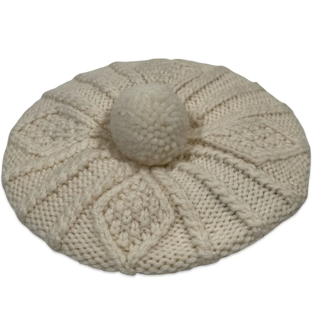 Aran Woollen Mills Handknit Beret Baby Kids Cream 100% Merino Wool Pom Pom‎ Hat